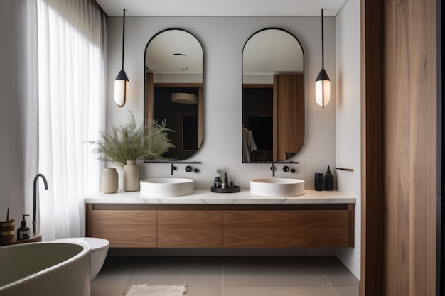 Stylowa i nowoczesna łazienka z eleganckimi armaturami i minimalistycznym designem stworzona za pomocą generative ai