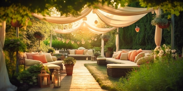 Stylowa i wygodna część wypoczynkowa na świeżym powietrzu zapewniająca elegancki letni relaks w bujnych ogrodach