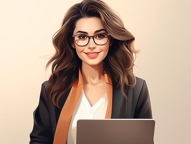 Stylowa ilustracja pewnej siebie bizneswoman trzymającą laptop emitujący profesjonalizm i mod