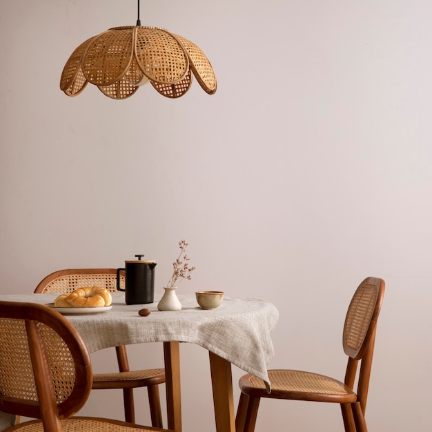 Stylowa jadalnia z miejscem na kopię okrągły stół rattan krzesło lampa i akcesoria kuchenne Liść w wazonie Szablon wystroju domu