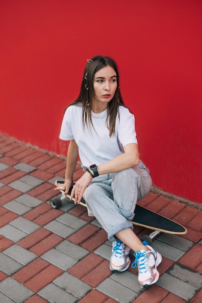 Stylowa kobieta w ciuchach ulicznych siedzi na longboardzie przy czerwonej ścianie i pozuje do kamery