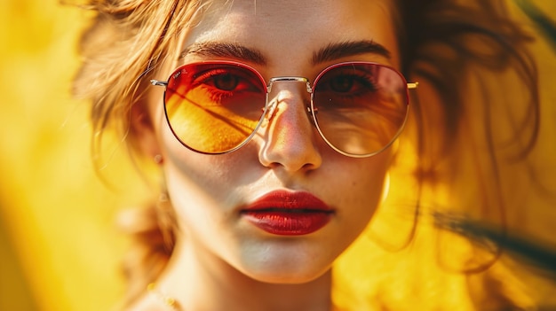 Stylowa kobieta z okularami przeciwsłonecznymi i czerwoną szminką