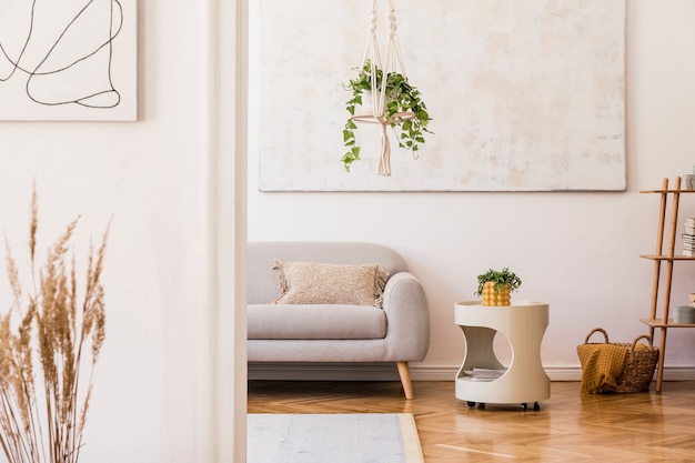 Stylowa kompozycja kreatywnego, przestronnego wnętrza mieszkania z szarą sofą, stolikiem kawowym, roślinami, dywanem i pięknymi dodatkami. Białe ściany i parkiet.