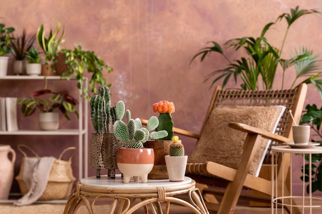 Stylowa kompozycja kreatywnego, przestronnego wnętrza salonu z fotelem stolik kawowy z roślinami i akcesoriami Drewniane ściany i parkiet Szablon