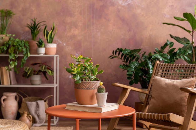 Stylowa kompozycja kreatywnego, przestronnego wnętrza salonu z roślinami Rattanowy fotel stolik kawowy i stylowe dodatki Przestrzeń botaniczna przytulnego pokoju Brązowe ściany Szablon