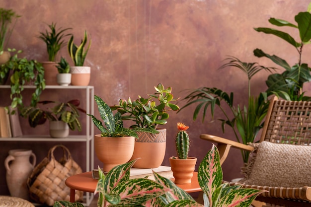 Stylowa kompozycja kreatywnego, przestronnego wnętrza salonu z roślinami Rattanowy fotel stolik kawowy i stylowe dodatki Przestrzeń botaniczna przytulnego pokoju Brązowe ściany Szablon