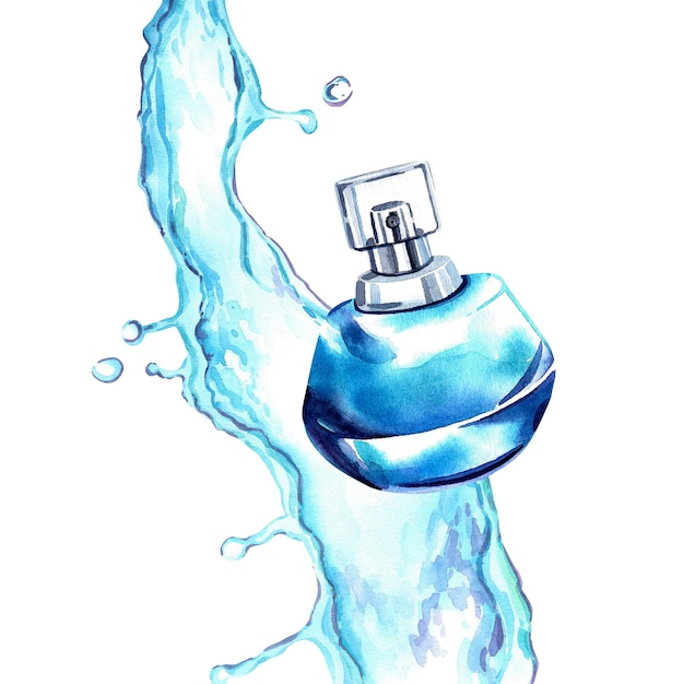 Stylowa kompozycja odrobiny niebieskiej wody i perfum Błyszczący płyn Akwarela ilustracja na odizolowanym tle Uroda moda i zdrowie Świeży zapach