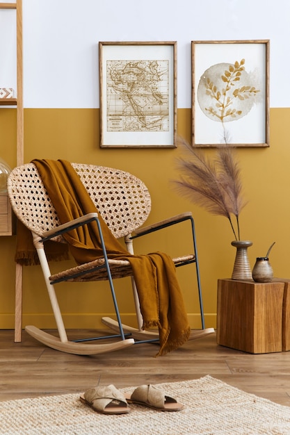 Stylowa kompozycja wnętrza salonu z designerskim fotelem rattanowym, dwiema ramami plakatowymi, roślinami, kostką, palidem i osobistymi dodatkami w miodowym żółtym wystroju wnętrz.