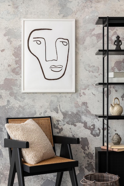 Stylowa kompozycja wnętrza wabi sabi z makietą plakat czarny stojak brązowy fotel z poduszką i akcesoriami osobistymi Szara betonowa ściana Szablon wystroju domu
