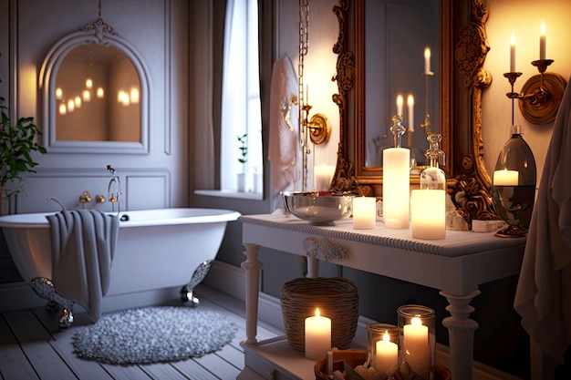 Stylowa luksusowa łazienka z luksusowymi akcesoriami w pokoju przy świecach generatywnych ai