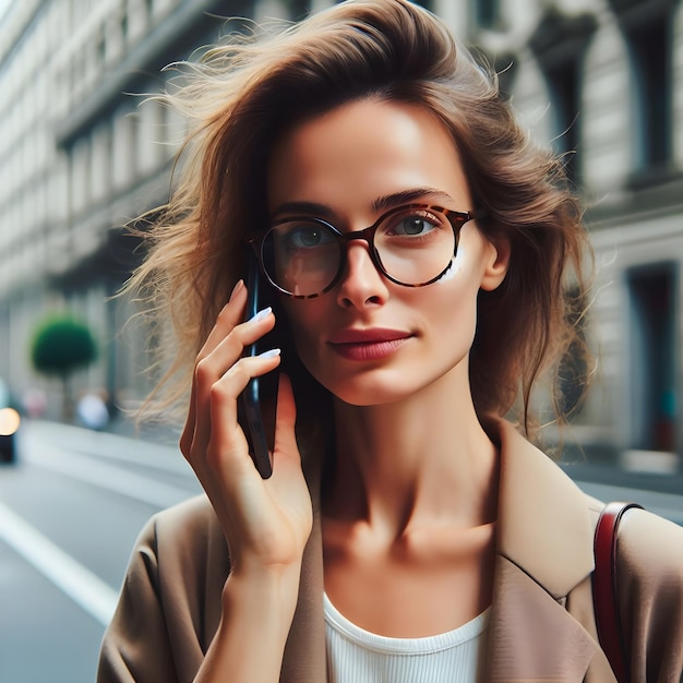 Stylowa młoda kobieta rozmawia przez telefon w złotą godzinę na ruchliwej ulicy