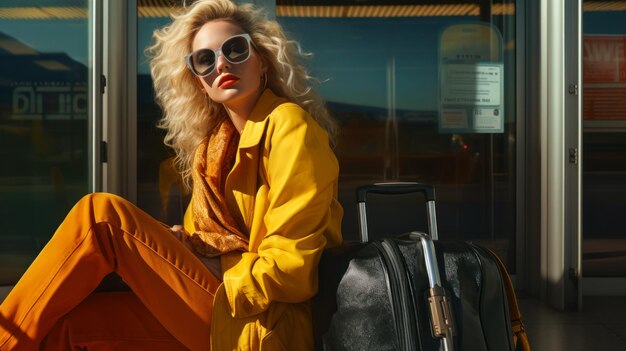 Stylowa młoda kobieta z walizką na przystanku autobusowym na lotnisku Koncepcja podróży i wakacji