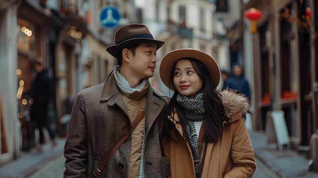 Stylowa para ciesząca się romantycznym spacerem po dziwnej miejskiej alejce szczery moment uchwycony na świeżym powietrzu miejska moda i miłość koncepcja AI
