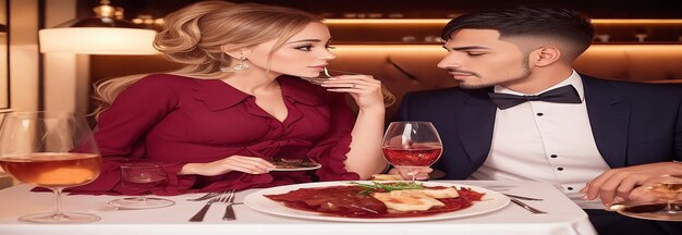 Zdjęcie stylowa para na romantycznej kolacji w eleganckiej restauracji ubrana zgodnie z najnowszą modą