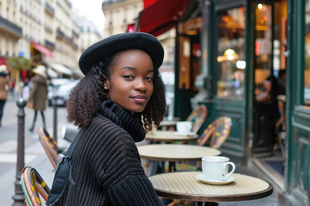 Stylowa paryska kobieta siedzi przy stole przed kawiarnią, cieszy się filiżanką kawy i obserwuje ludzi
