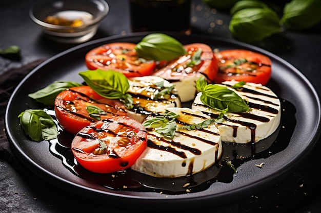 Zdjęcie stylowa prezentacja sałatki caprese na talerzu z łupkiem z glazurą balsamiczną