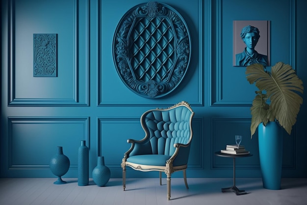 Stylowa przestrzeń biurowa z niebieskim dekorem Pantone i wyjątkowymi meblami