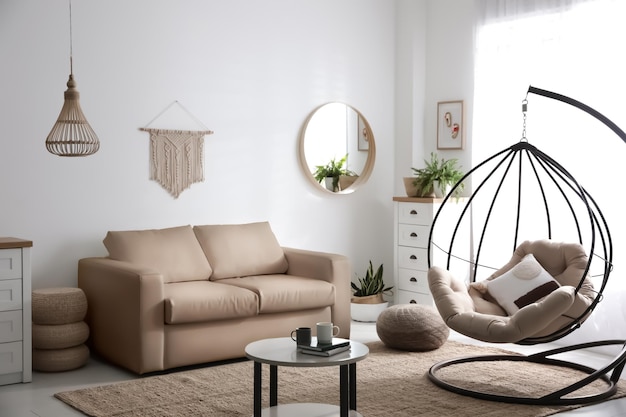 Stylowa skórzana sofa i huśtawka w nowoczesnym wnętrzu salonu