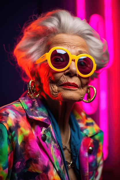 Stylowa stara kobieta w okularach przeciwsłonecznych z neonowymi światłami