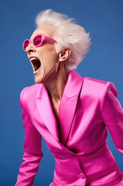 Stylowa starsza kobieta w różowych okularach i różowym garniturze krzyczy Wysokiej jakości zdjęcie