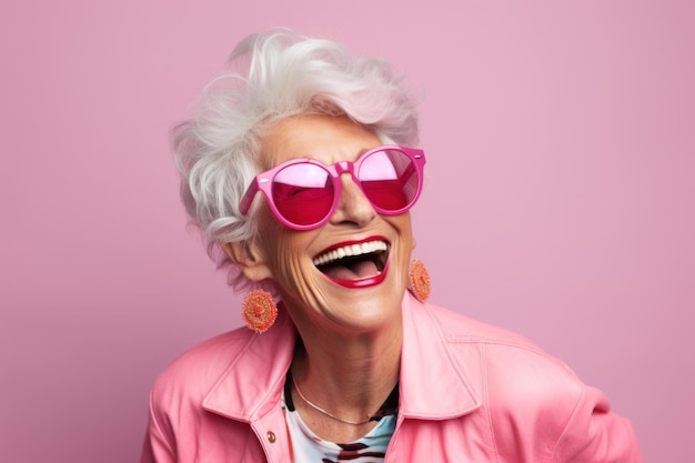 Stylowa starsza kobieta w różowych okularach przeciwsłonecznych i kurtce