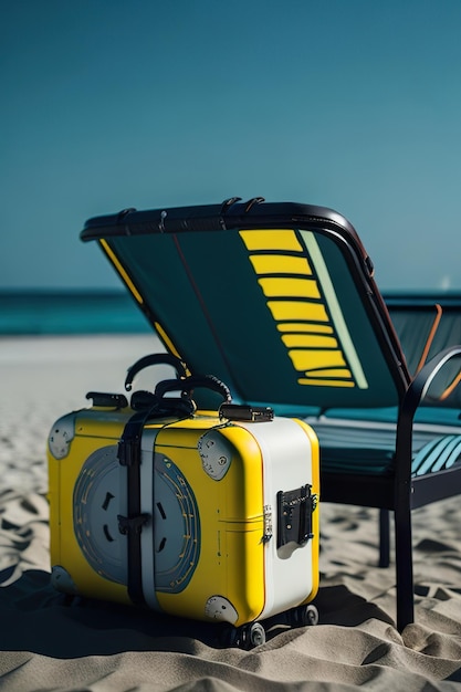Stylowa walizka na plaży z oceanem w tle Generative AI