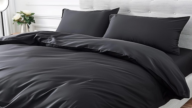 stylowe czarne łóżko dla dwóch w nowoczesnej jasnej sypialni wnętrze czarne koce i poduszki