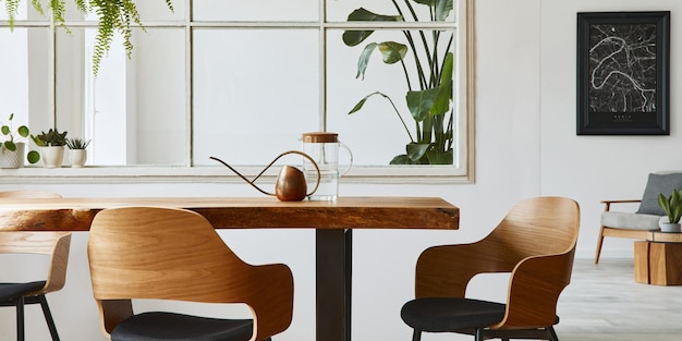 Stylowe i botaniczne wnętrze jadalni z designerskim drewnianym stołem, krzesłami, mnóstwem roślin, oknem, plakatową mapą i eleganckimi dodatkami w nowoczesnym wystroju domu. Szablon.