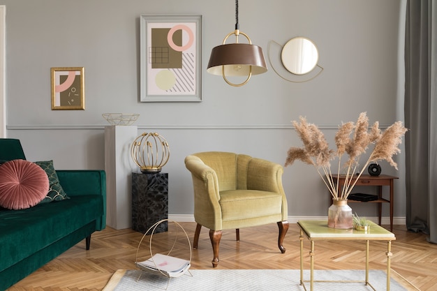 Zdjęcie stylowe i luksusowe wnętrze salonu z eleganckim zielonym aksamitnym fotelem, sofą, stolikiem kawowym, marmurowymi stojakami, designerskimi lampami, obrazami artystycznymi i eleganckimi dodatkami w wystroju domu.