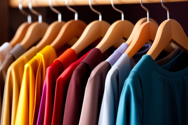 Stylowe i modne ubrania wiszące na kolorowym stojaku na ubrania w dobrze zorganizowanej szafie