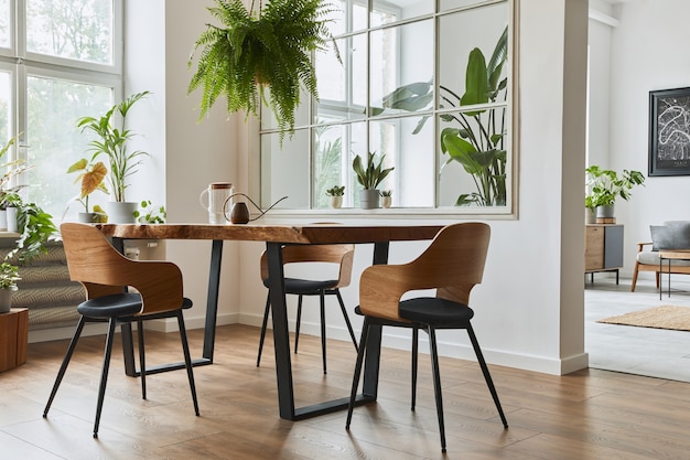 Stylowe i przytulne wnętrze jadalni z designerskim drewnianym stołem, krzesłami, roślinami, aksamitną sofą, plakatową mapą i eleganckimi dodatkami w nowoczesnym wystroju domu. Szablon.