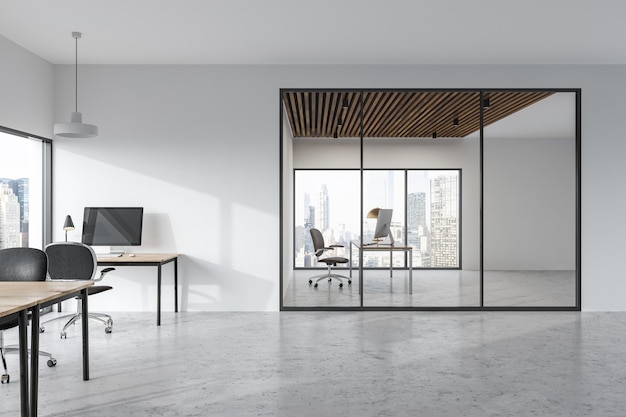 Stylowe, minimalistyczne wnętrze biura z białą ścianą i oknami na poddaszu. Rzędy stołów komputerowych i biuro menedżera. Makieta renderowania 3D