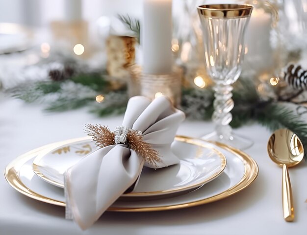 Stylowe nakrycie stołu świątecznego z świątecznym wystrojem noworocznym Boże Narodzenie i Nowy Rok tło z talerzami kieliszki do szampana sztućce świece i gałęzie jodły Wigilia Generative AI
