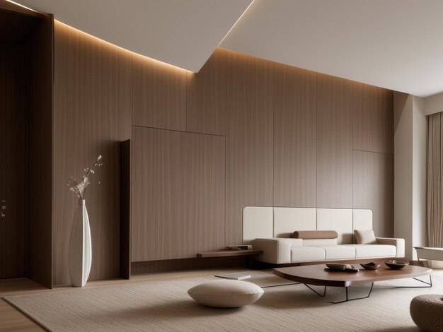 Stylowe, nowoczesne wnętrze salonu wykonane ze szkła i drewna w ciepłych kolorach