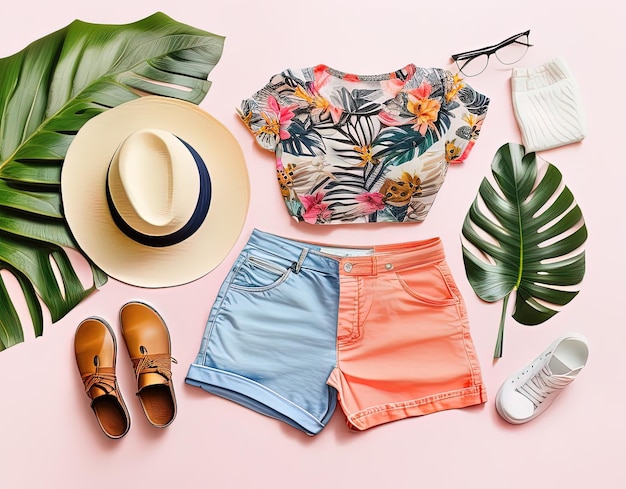 stylowe płaskie ułożenie letnich akcesoriów odzieżowych tropikalne liście kapelusz i trampki w różowym kolorze