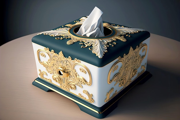 Stylowe pudełko na chusteczki ze złotymi ozdobami w królewskim stylu na stole