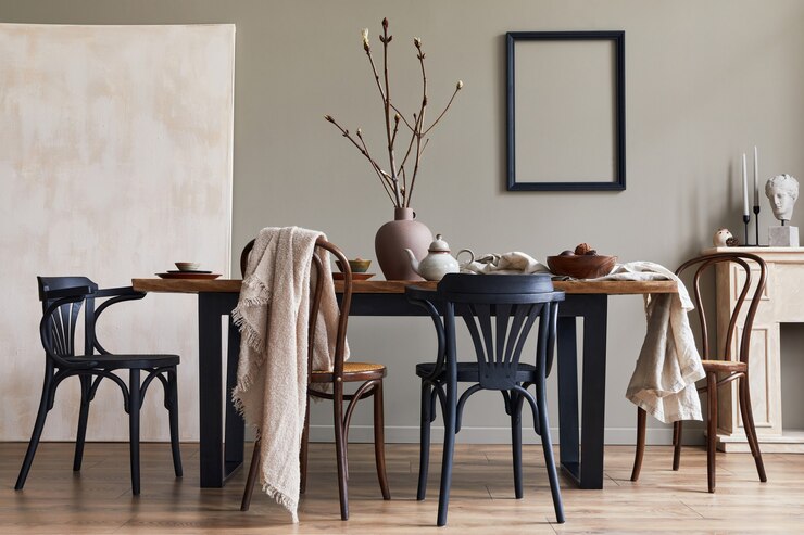 Zdjęcie stylowe rustykalne wnętrze jadalni ze stołem z drewna orzechowego, retro krzesłami, dekoracją, kominkiem, suszonym kwiatem, ramą na świecznik i dywanem w minimalistycznym wystroju domu..