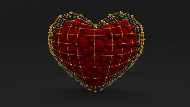 Stylowe streszczenie czarne tło z sercem wypełnionym czerwonymi kulkami i wzorem.