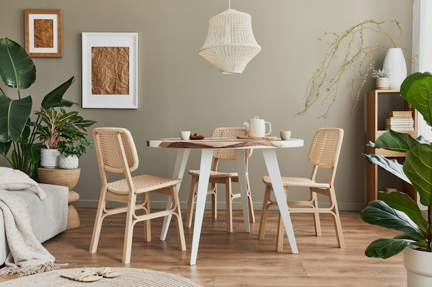 Stylowe wnętrze jadalni w przytulnym domu z białą ramą, designerskimi krzesłami, rodzinnym stołem, czajnikiem, filiżankami, dekoracją i eleganckimi akcesoriami osobistymi w nowoczesnym wystroju domu.