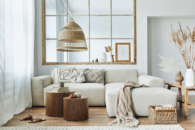 stylowe wnętrze kreatywnego salonu z designerską sofą modułową nowoczesny szablon wystroju domu