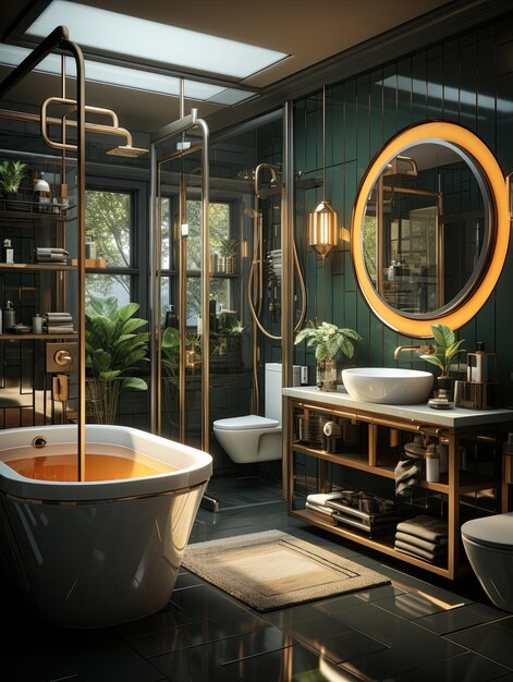 Stylowe wnętrze łazienki z nowoczesną wanny i pięknymi roślinami domowymi Przyjemny luksusowy projekt wnętrza łazierki z białą wanną drewniana klasyczna parketowa podłoga Projekt domu Generatywny AI
