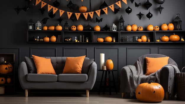 Stylowe wnętrze pokoju z kreatywnym wystrojem Halloween z pustą przestrzenią na ścianie
