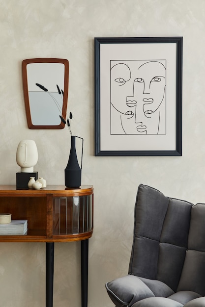 stylowe wnętrze salonu z makietą komody na plakat i eleganckim szablonem akcesoriów