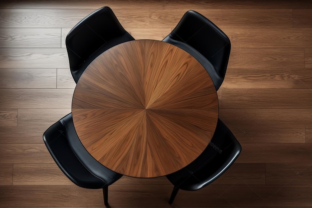 Zdjęcie stylowy dekor topview okrągły drewniany stół i czarne krzesło obejmują elegancję wnętrza