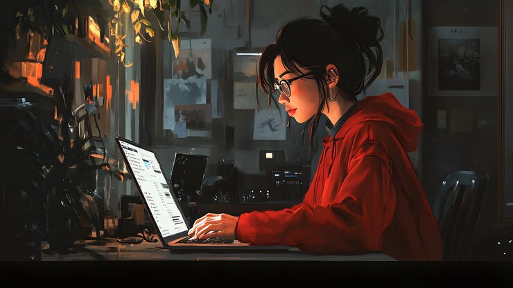 Stylowy finansista w pracy pisze wiadomości na laptopie z high-tech gadżetami w nowoczesnym minimalistycznym klawiszu przestrzennym