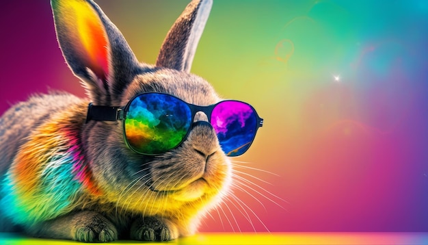 Stylowy królik z okularami przeciwsłonecznymi na kolorowym tle Tło gradientowe Generacyjna sztuczna inteligencja