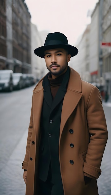 Stylowy mężczyzna w brązowym płaszczu i czarnym kapeluszu na ulicy