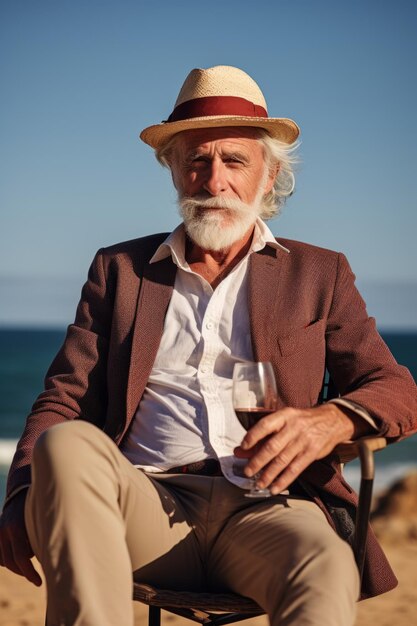 Stylowy mężczyzna z kieliszkiem wina siedzi na krześle na piaszczystym brzegu Generatywna sztuczna inteligencja