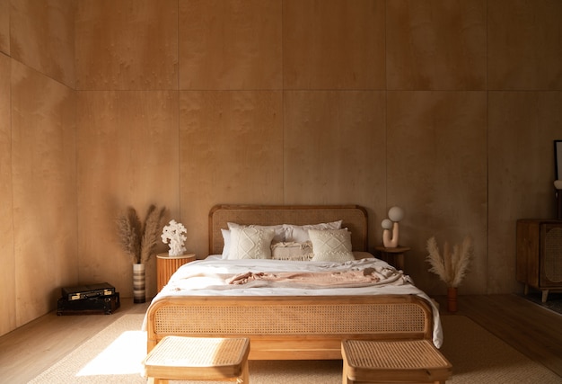 Stylowy narożnik do sypialni z rattanowym zagłówkiem i łóżkiem z miękkimi białymi poduszkami ze ścianą ze sklejki