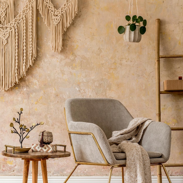 Stylowy orientalny salon z designerskimi fotelami, piękną makramą, drewnianą drabiną, rośliną, dekoracją, dywanem, stolikiem kawowym, książką i eleganckimi akcesoriami osobistymi w koncepcji wabi sabi.